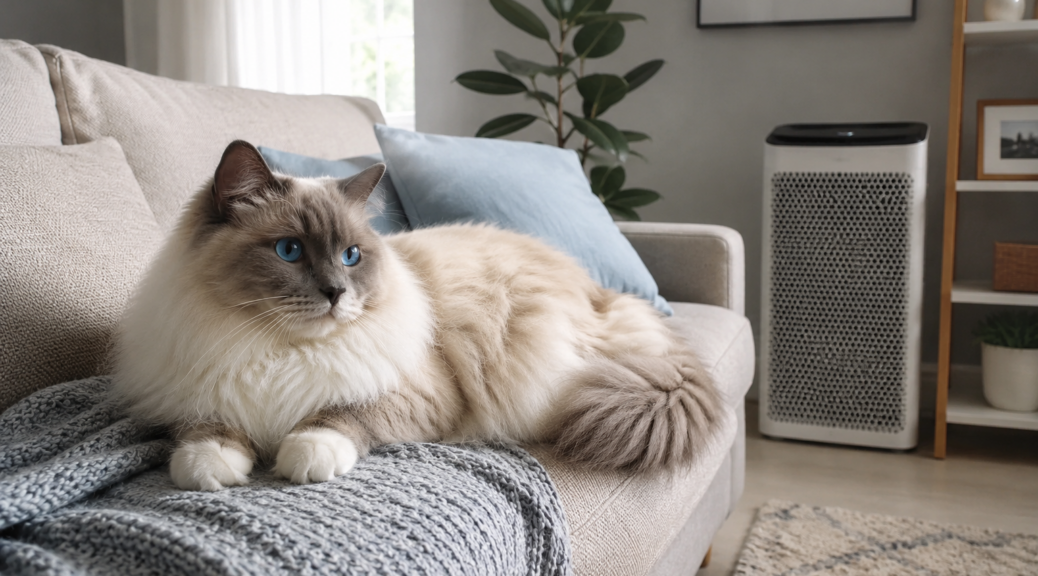 Ragdoll-Katze auf dem Sofa neben einem Luftreiniger – Maßnahmen bei Ragdoll Allergie und Katzenallergie