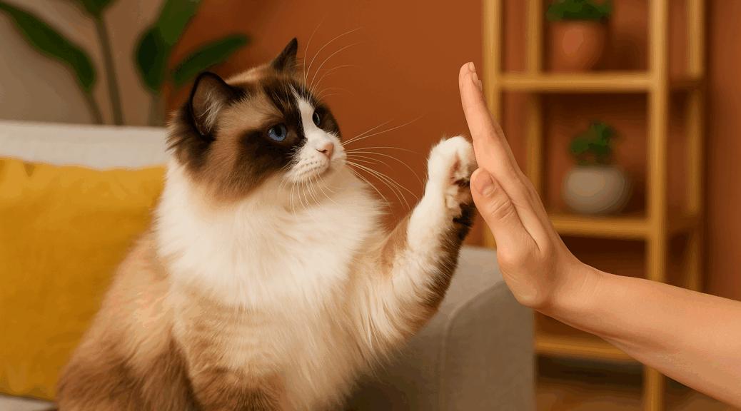Ragdollkatze gibt High Five beim Clickertraining