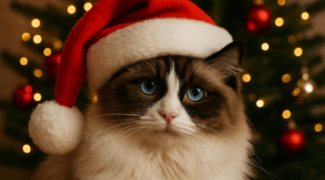 Ragdoll Katze mit Nikolausmütze vor einem Weihnachtsbaum an Weihnachten