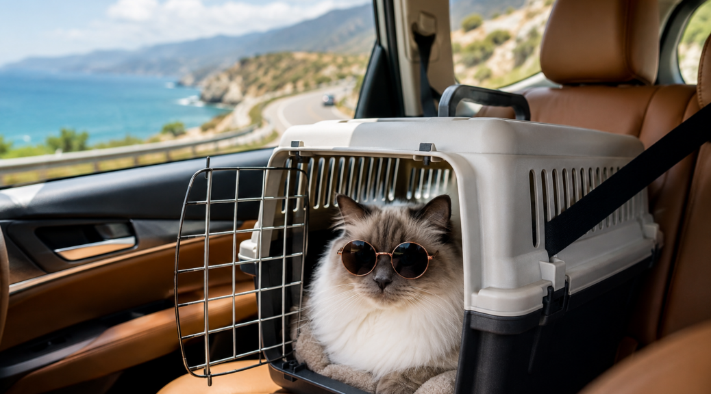 Ragdoll-Katze in einer Transportbox auf dem Rücksitz eines Autos während einer Urlaubsreise. Die Katze trägt eine Sonnenbrille und sitzt sicher im Fahrzeug, während im Hintergrund eine malerische Küstenlandschaft vorbeizieht. Symbolbild für Urlaub und Reisen mit einer Ragdoll-Katze