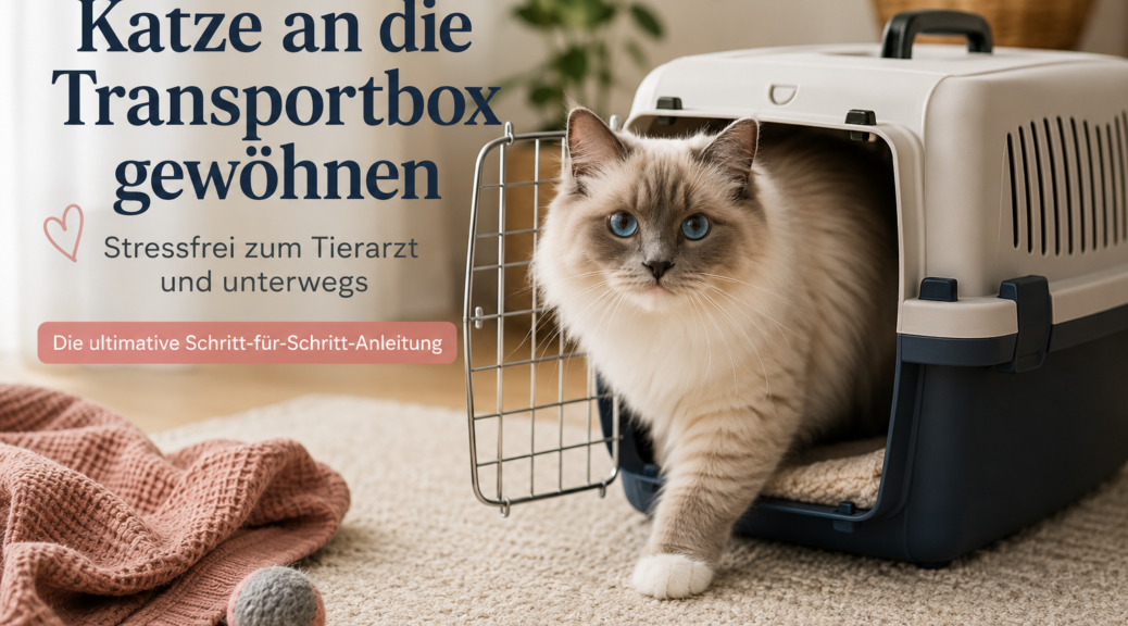 Ragdoll-Katze sitzt entspannt in einer geöffneten Transportbox im Wohnzimmer. Die gemütlich eingerichtete Box dient als sicherer Rückzugsort und hilft bei der stressfreien Gewöhnung an Tierarztbesuche und Autofahrten.