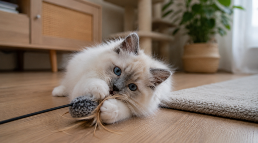 Ragdoll-Katzenbaby spielt mit einer Katzenangel im Wohnzimmer während seines ersten Lebensjahres.