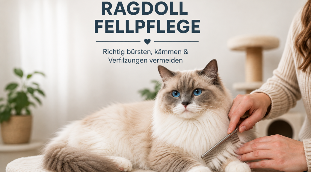 Ragdoll Katze bei der Fellpflege mit einem Kamm
