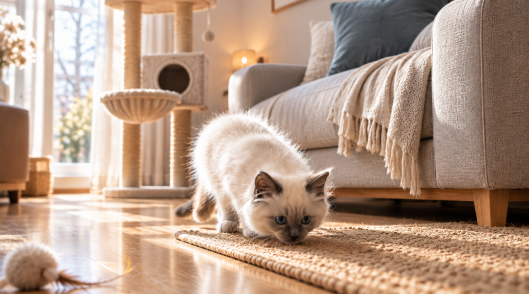 Junges Ragdoll Kitten erkundet neugierig sein neues Zuhause nach dem Einzug