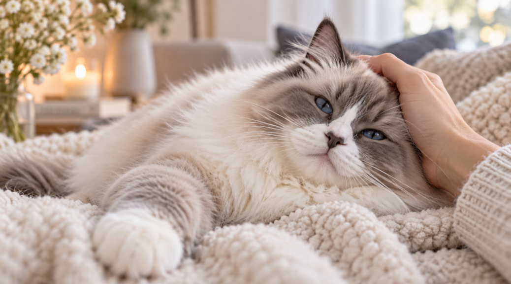 Ragdoll-Katze wird liebevoll am Kopf gestreichelt