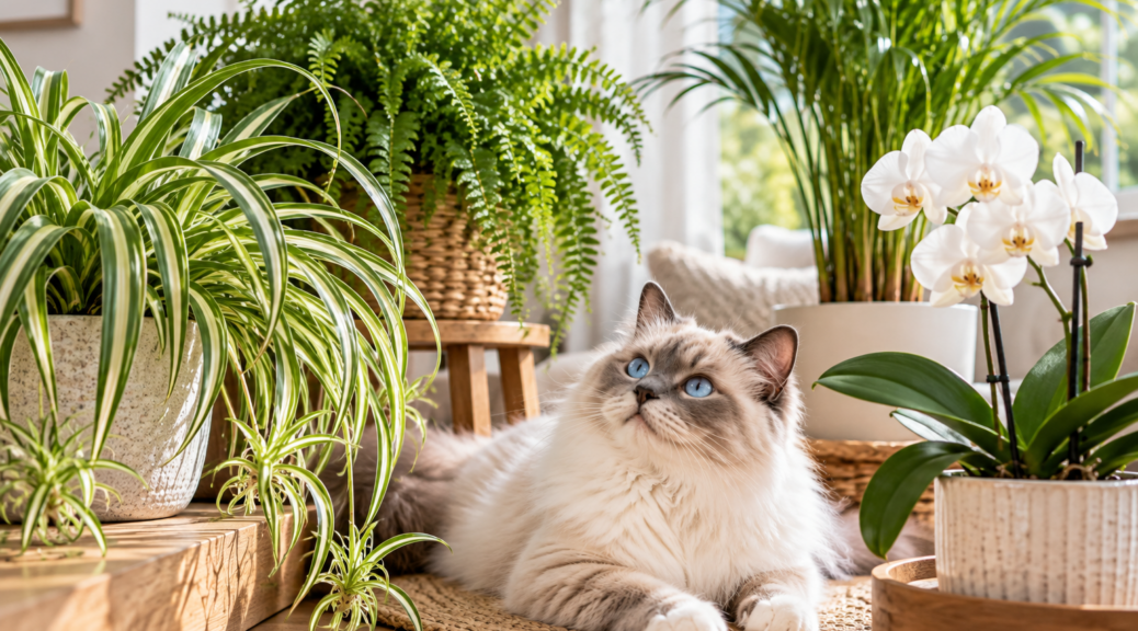 Ragdoll-Katze zwischen ungiftigen Zimmerpflanzen wie Grünlilie, Bostonfarn, Areca-Palme und Phalaenopsis-Orchidee