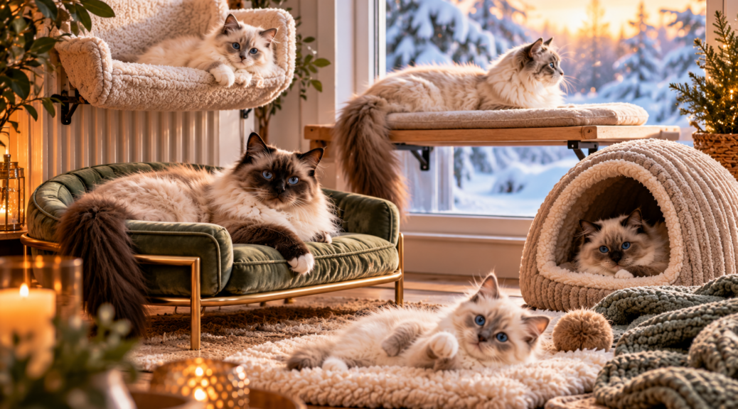 Ragdoll Katzen auf unterschiedlichen Schlafplätzen