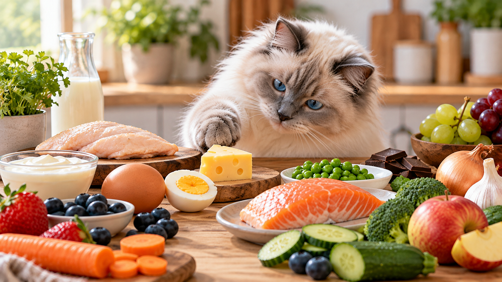 Eine flauschige Ragdoll-Katze mit blauen Augen sitzt neugierig an einem Küchentisch mit verschiedenen Lebensmitteln. Vor ihr liegen unter anderem Hähnchen, Lachs, Ei, Käse, Obst, Gemüse, Schokolade, Zwiebeln und Weintrauben. Das Bild veranschaulicht die Frage, welche Lebensmittel Katzen essen dürfen und welche für sie ungeeignet oder gefährlich sind.