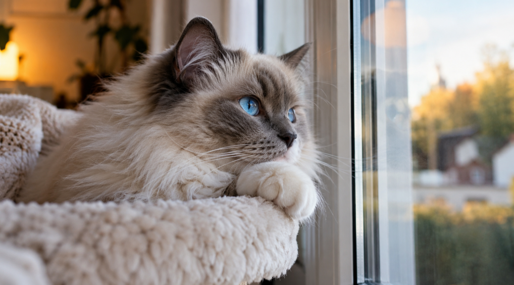 Eine flauschige Ragdoll-Katze mit blauen Augen liegt auf einem gemütlichen Liegeplatz am Fenster und blickt nach draußen. Das Bild illustriert das Thema Ragdoll alleine lassen.